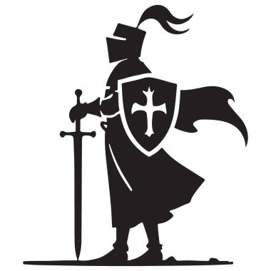 Duran şövalye silueti ile kılıç ve kalkan tarihi savaşçı vektörü