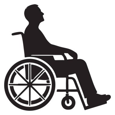 Siluet tekerlekli sandalye ikonu engelli yardımı ve erişilebilirlik özelliklerini temsil ediyor
