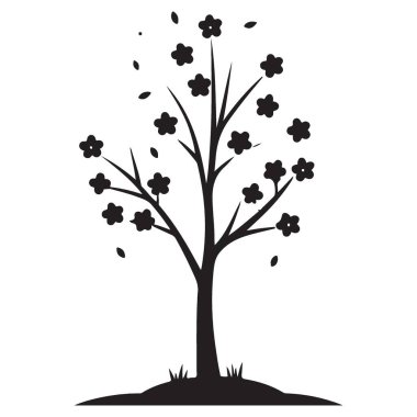 Çiçek ve Yaprak Tasarımı ile Çiçekli Ağaç Vektörü Silueti