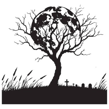Ay Tombstone ve Çimen Resimli Ürkütücü Cadılar Bayramı Ağacı Silueti
