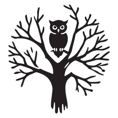 Ürkütücü Siluet Baykuş Çıplak Ağaç Vektör Çizimine Tüymüş