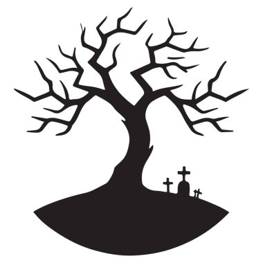 Ürkütücü Cadılar Bayramı Silueti Hayalet Ağaç ve Mezarlığı