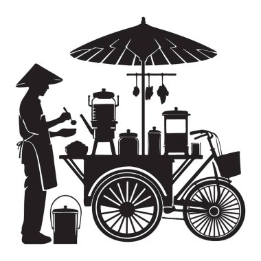 Siluet sokak yiyecek satıcısı, konik şapkası ve yemek arabası var.