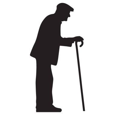 Şapka bastonlu siluet çizim vektör tasarımlı yaşlı adam.