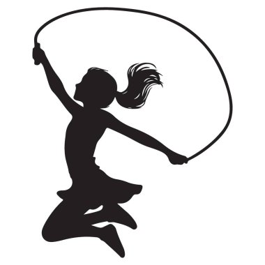 Siluet Kız Zıplayan İp Neşeli Fitness Vektörü İllüstrasyonu