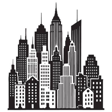 Şehir Manzarası Siluet Resimlendirme Vektörü Kentsel Skyline Siyah ve Beyaz Tasarım