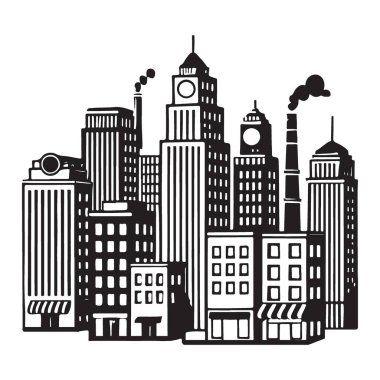 Gökdelenler ve Endüstri ile Meşgul Şehir Manzarası Siluet Vektörü