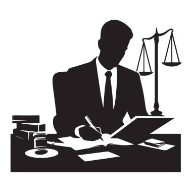 Masa Vektörü İllüstrasyonundaki Avukat Silueti Adalet Savunucusunu Sembolize Ediyor