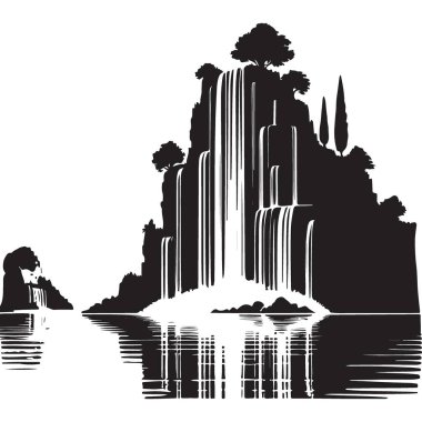 Görkemli şelale, yemyeşil vektör resimleriyle kayalıklardan aşağı dökülüyor.