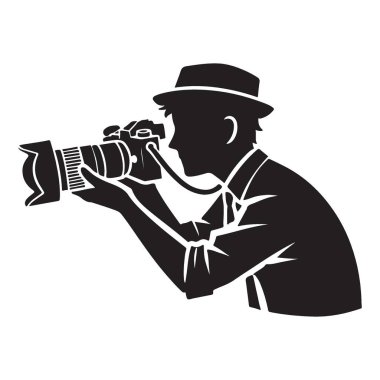 Profesyonel kamera vektör sanatı ile fotoğraf çeken fotoğrafçı silueti