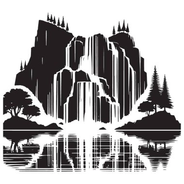 Sahne Şelalesi Dağ Silueti Vektör İllüstrasyonu Güzel Peyzaj Tasarımı