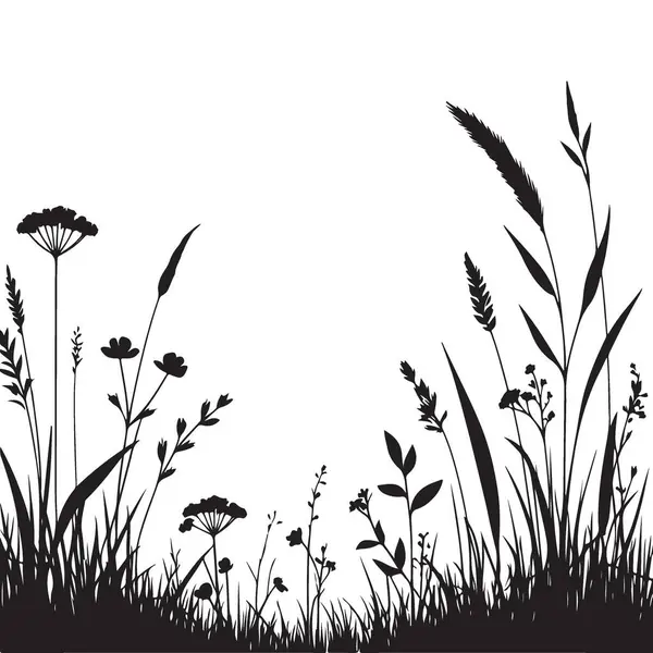 Siyah Siluet Yaban Çiçekleri Çimen Çimeni Vektör İllüstrasyon Elementleri