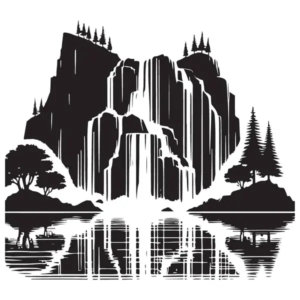 Sahne Şelalesi Dağ Silueti Vektör İllüstrasyonu Güzel Peyzaj Tasarımı