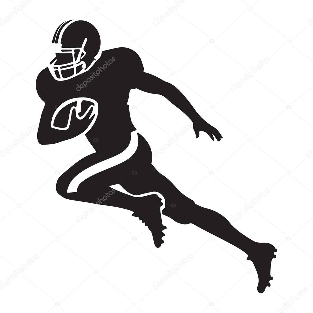 Silhouette of an American football player running with the ball isolated art