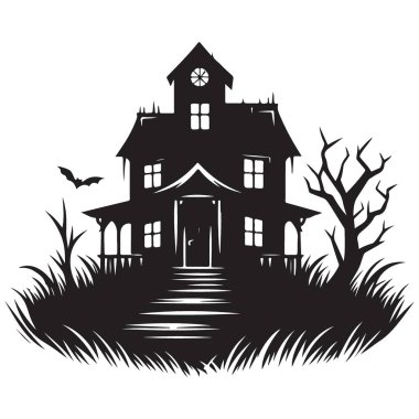 Yarasa ve Ağaç Vektörü Grafikli Hayaletli Ev Silueti