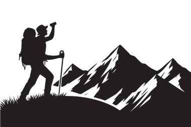 Yürüyüşçü Silueti Dağın Tepesine Erişen Resimli Macera Grafikleri