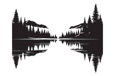 Göl manzarası vektöründe orman yansıması silüeti çizimi