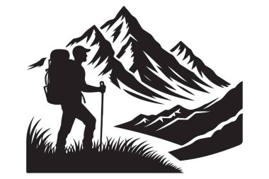 Yürüyüş Silueti Çizimi Görkemli Dağ Macera Bakışlarını Kucaklıyor