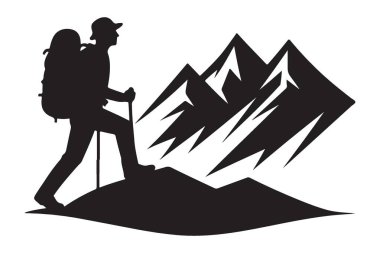 Dağlarda Yürüyüşçü Silueti ve Dağlarda Vektör Seyahat Macerası Grafiği