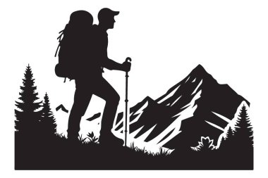 Yürüyüşçü Silueti Dağ İzi Vektör İllüstrasyon Manzarası