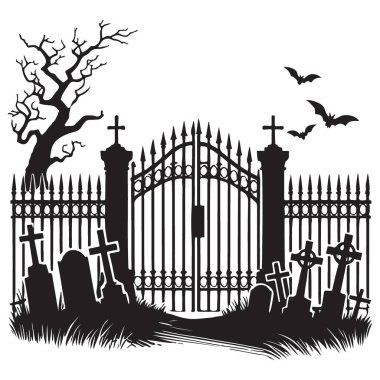 Siluet Mezarlığı Kapı Vektörü Ürkütücü Tombstone Mezarlık Sahne Tasarımı