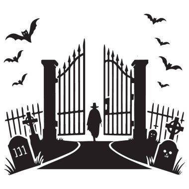 Gizemli Mezarlık Kapıları Siluet Görüntü Yürüyen Figür Sahnesi