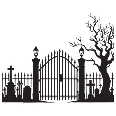 Mezarlık girişini süsleyin Lambalar ve Ürkütücü Ağaçlar Sahnesi ile Siluet