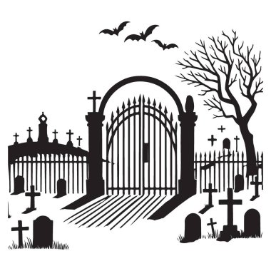 Ürkütücü Mezarlık Silueti Cadılar Bayramı ve Gotik Temalar için Vektör Grafiği