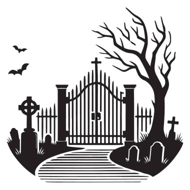 Cadılar Bayramı Dekorasyonu ve Tasarımı için Ürkütücü Mezarlık Silueti Vektör İllüstrasyonu