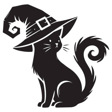 Cadı Şapkası Silueti Vektör Grafik Çizimine sahip Kara Kedi