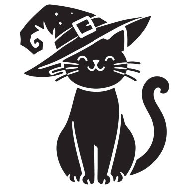 Cadı Şapkalı Şirin Kara Kedi Silueti Mutlu Cadılar Bayramı Tasarımı