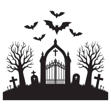 Ürkütücü Cadılar Bayramı Mezarlığı Siluet Sanat İllüstrasyonu Yarasalar ve Tombstone 'lar