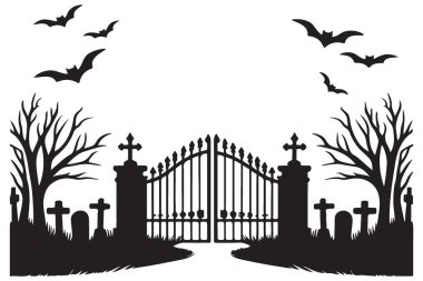 Ürkütücü Mezarlığın Kapıları Siluet Vektör İllüzyonu Cadılar Bayramı için Mükemmel