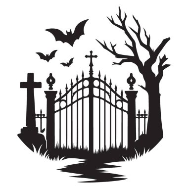 Lanetli Mezarlık Kapıları Silueti Yarasaların Cadılar Bayramı Dekorasyonuyla