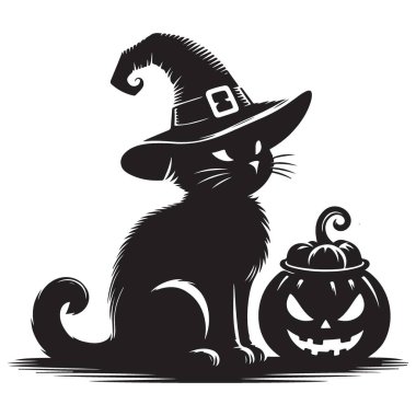 Büyücü Şapkası ve Balkabağı ile Ürkütücü Kara Kedi Siluet Vektörü