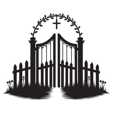Çapraz Tasarım Elementi ile Mezarlığın Kapısı Silueti Vektör İllüstrasyonu