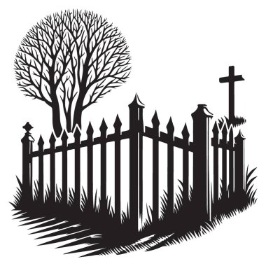 Siluet Mezarlığı Ağaç ve Çit Resimli Grafik Vektörü