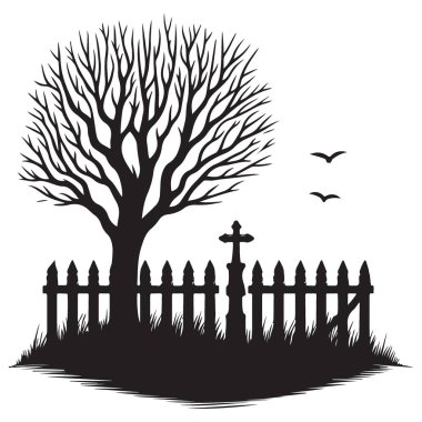 Ürkütücü Mezarlık Çizimi Çıplak Ağaclı Siyah Siluet
