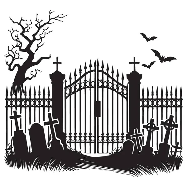 Siluet Mezarlığı Kapı Vektörü Ürkütücü Tombstone Mezarlık Sahne Tasarımı