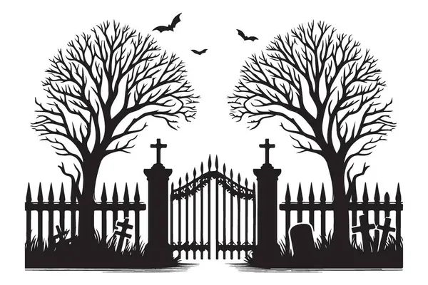 Yarasalar ve Ağaçlarla Ürkütücü Mezarlık Siluet Vektör Tasarımı