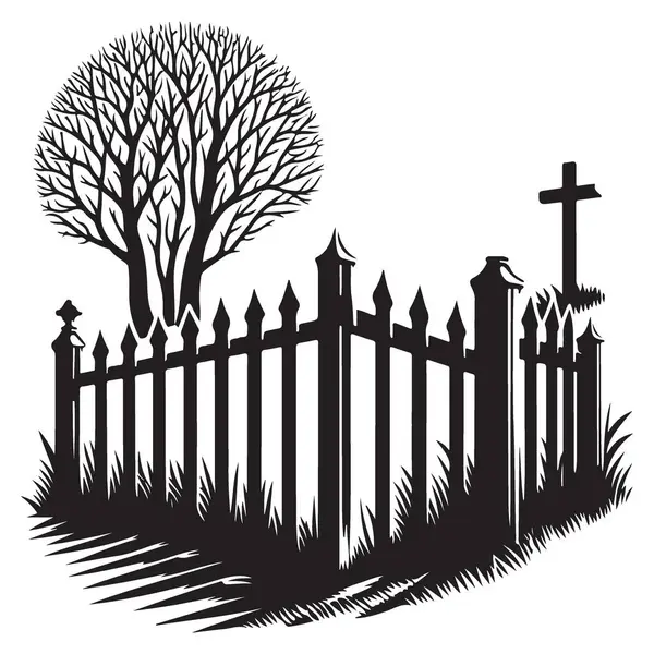 Siluet Mezarlığı Ağaç ve Çit Resimli Grafik Vektörü