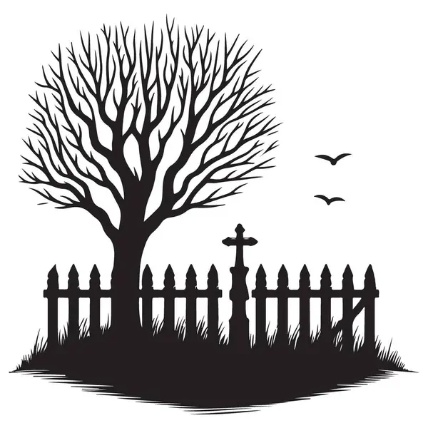 Ürkütücü Mezarlık Çizimi Çıplak Ağaclı Siyah Siluet