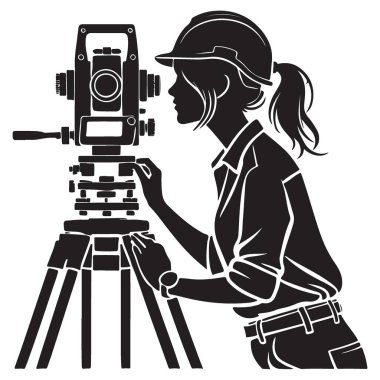 Toplam İstasyon kullanan bir kadın inşaat mühendisinin vektör silueti