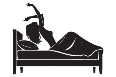 Siluet Kadın yatak illüstrasyon vektöründe geriliyor, sabah hazırlanıyor