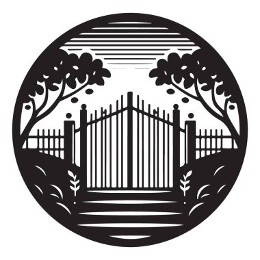 Tılsımlı Bahçe Kapısı Silüeti Ağaçlar Çizim Tasarım Vektörü