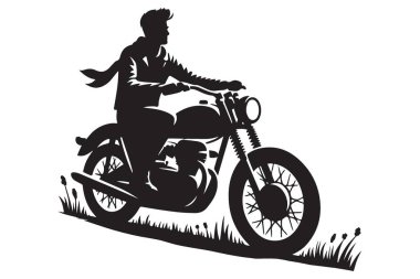 Havalı Bisikletçinin Silueti Klasik Motosiklet Sürüşü Çimenli Çayırlarda