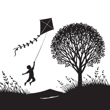 Siluet çocuk ağaçların yanında uçurtma uçuruyor çocukluk resimlerini kucaklıyor.