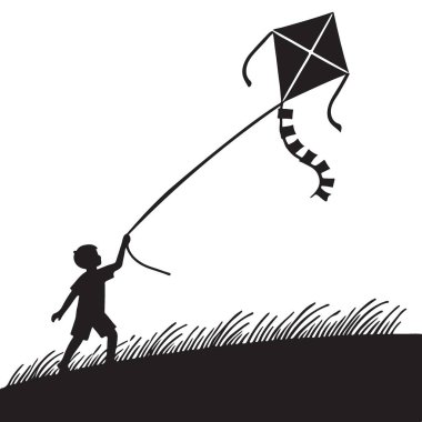 Siluet çocuk açık havada uçurtma uçuruyor eğlence amaçlı aktivite vektör çizimi