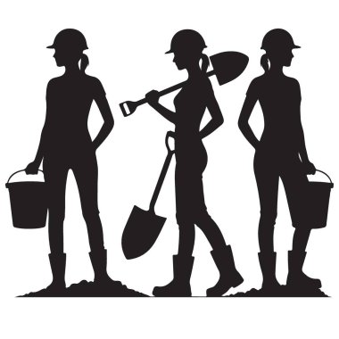 Kadın İnşaat İşçileri Takım Çalışmasında Siluet Vektör İllüstrasyonu