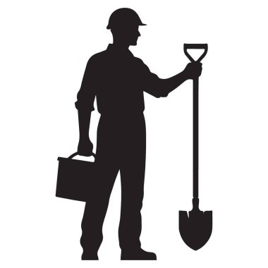 İnşaat İşçisinin Silueti Kürek ve Araç Kutusu Vektör Sanatı